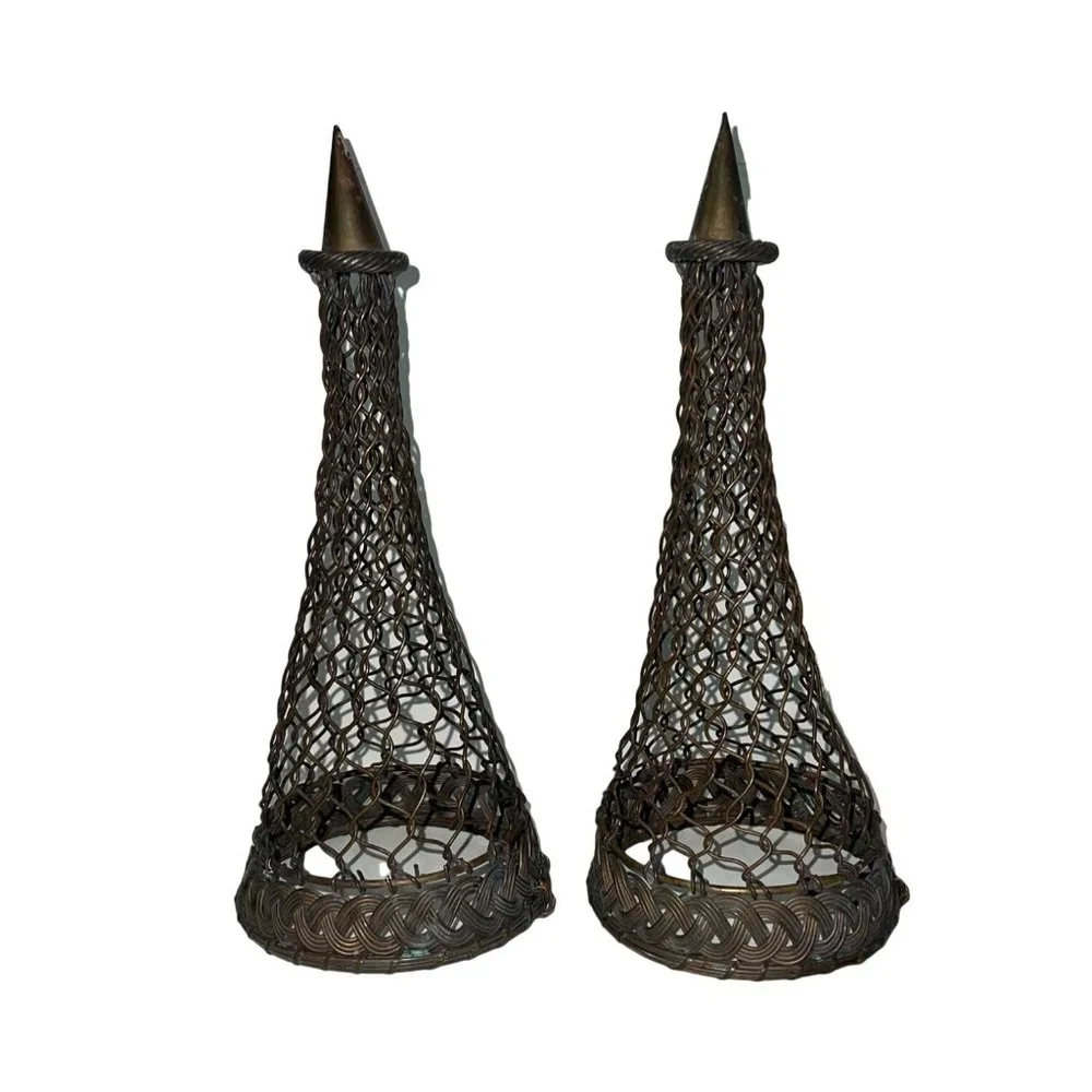 A Pair of Vintage Woven French Brass Wire Topiary/Wall Pockets Hanging Vase